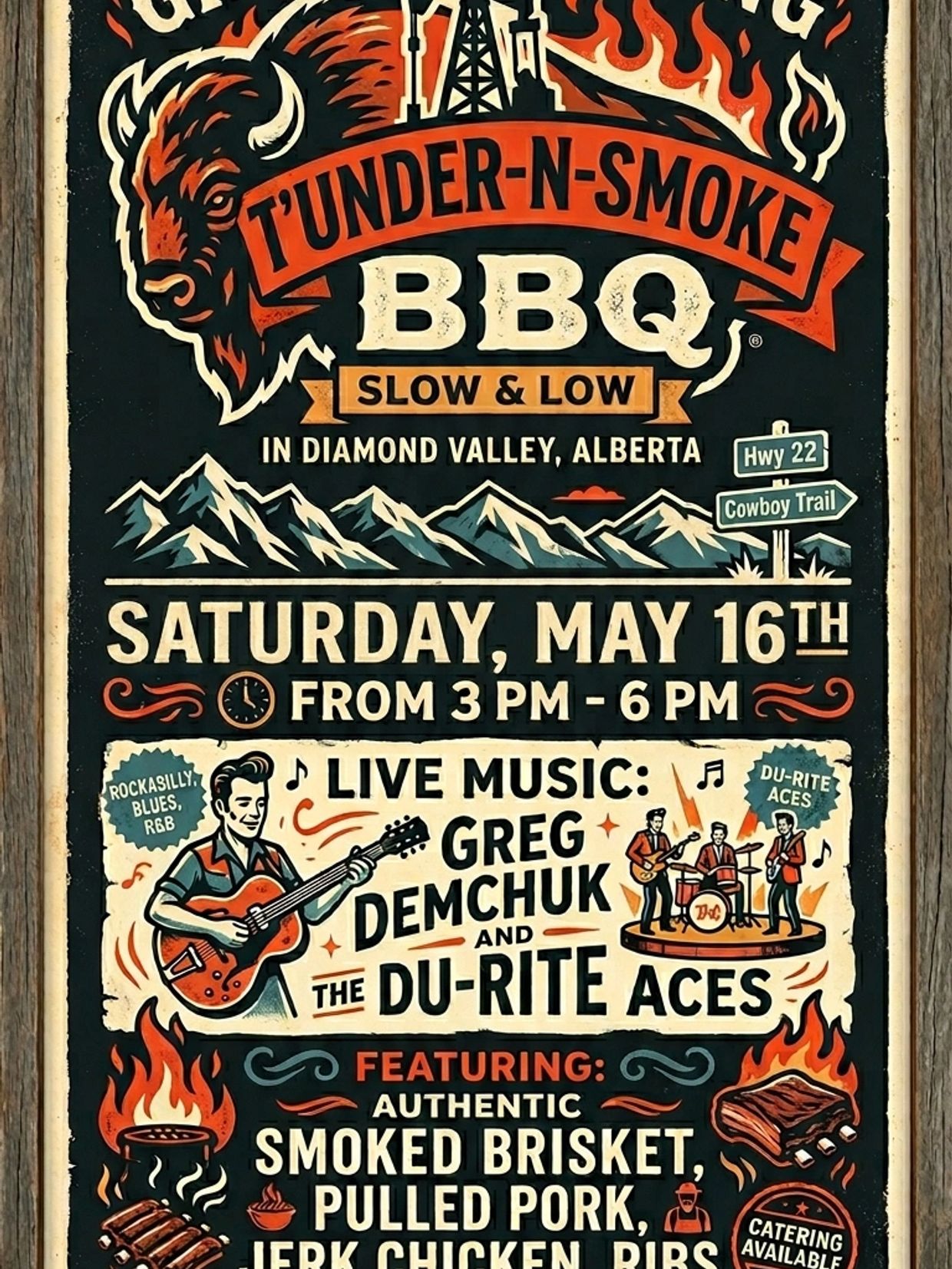 Poster for T'Under-N-Smoke BBQ event with live music and smoked meats in Alberta.