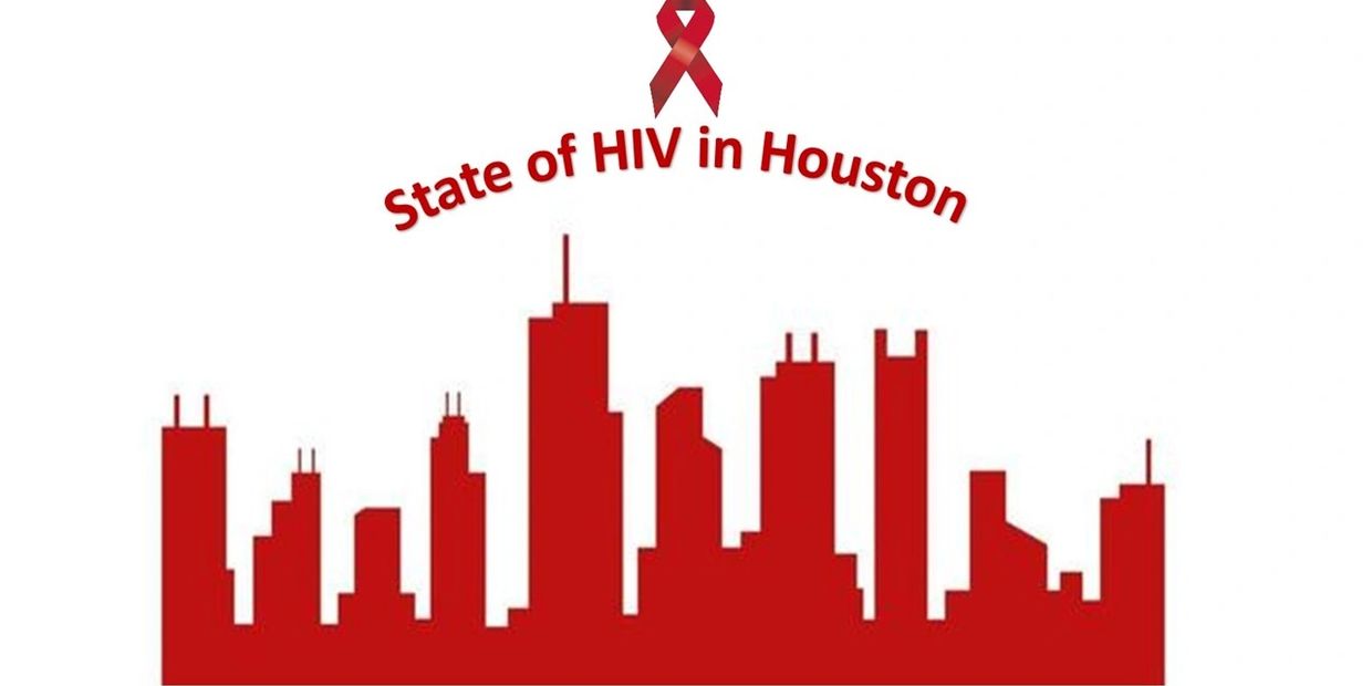 Red Houston skyline with HIV awareness ribbon and text.