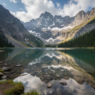 Snow-capped mountains reflecting on a clear alpine lake under a cloudy sky.