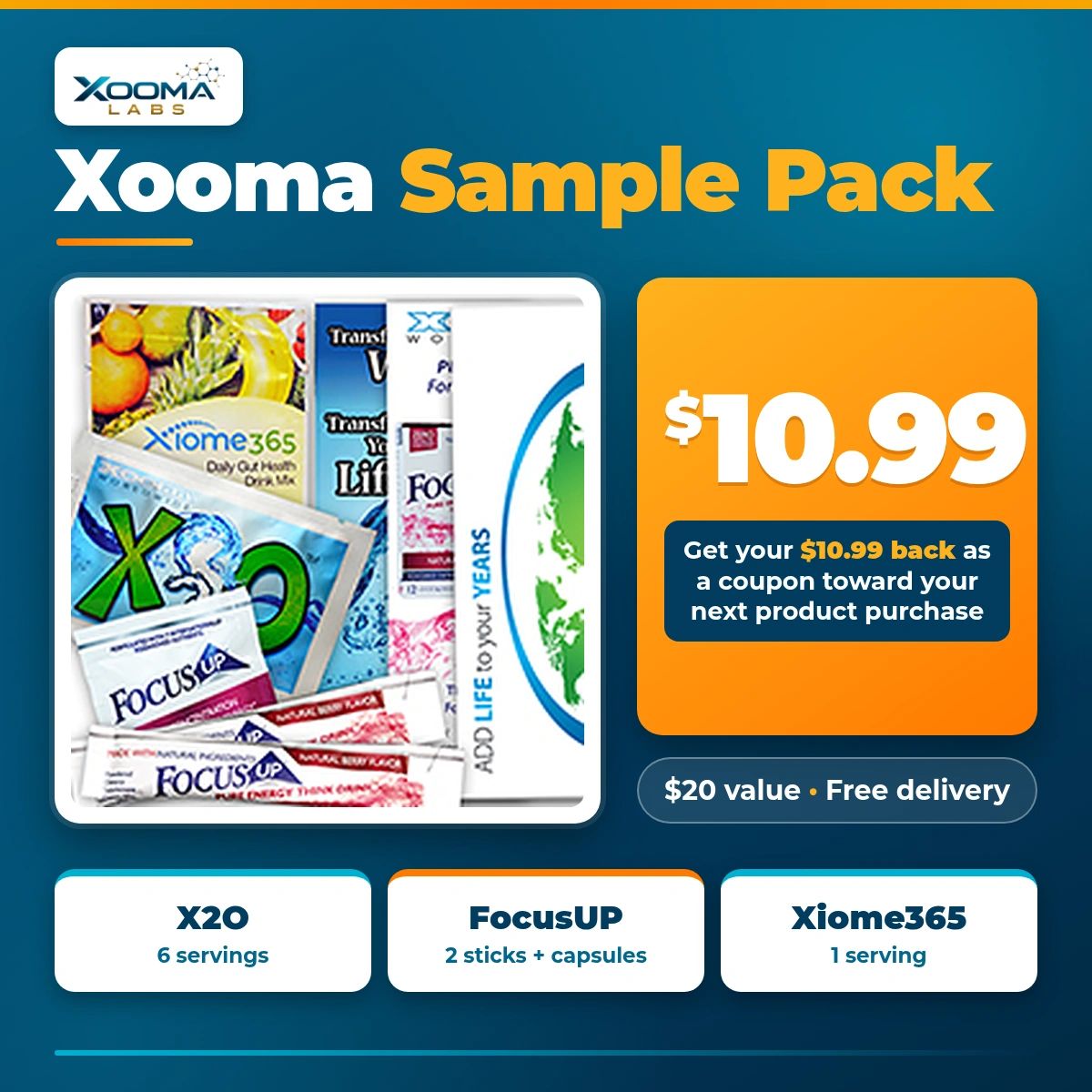 XoomaLabs Sample Pack containing three bestseller health supplements