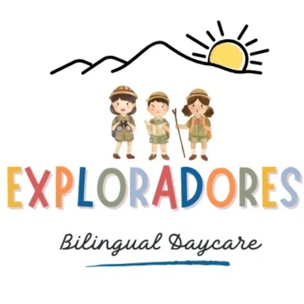 Logo of Exploradores Bilingual Daycare with kids and sun illustration.
