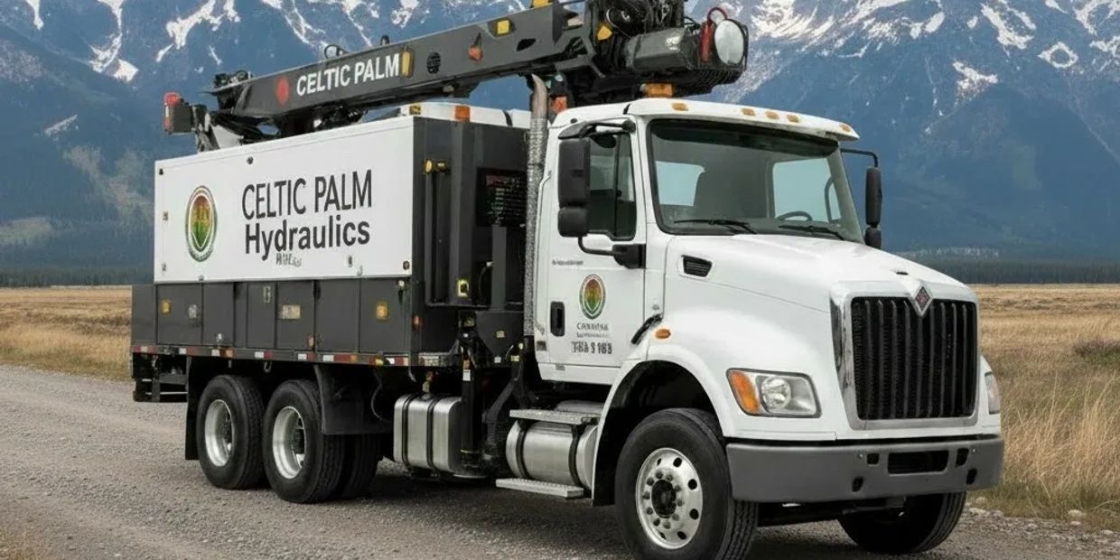 A white hydraulic service truck with Celtic Palm branding parked on a gravel road.