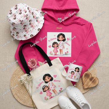 Pink-themed outfit set with cartoon mother and daughter prints.