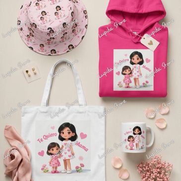 Mother and daughter themed gift set with hoodie, tote bag, hat, mug, and earrings.