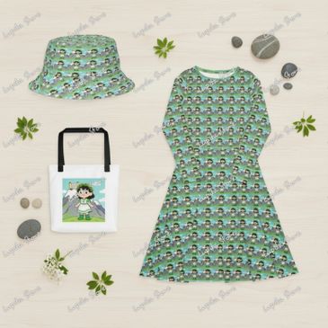 Matching green outfit set with cartoon character print, including dress, hat, and tote bag.