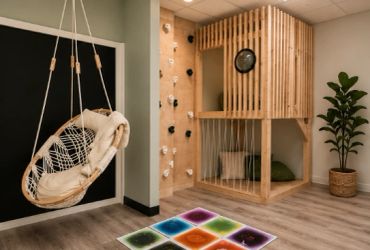 Coin détente avec balançoire et mur d'escalade pour enfants.