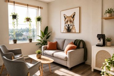 Salon moderne avec canapé, fauteuils et décoration végétale.