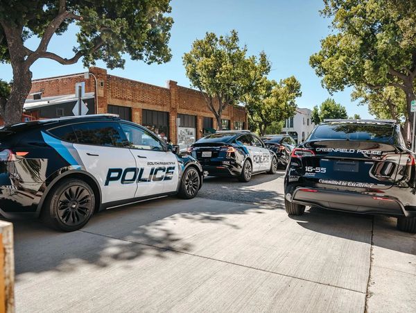 Four Tesla police cars parked on a sunny urban street with trees and brick buildings.