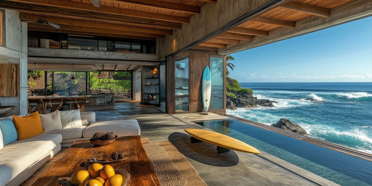 Cozy living room with ocean view and surfboards by the pool.