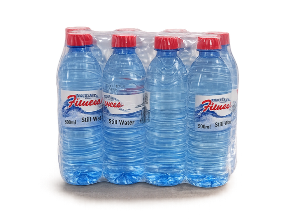 Pack of six 500ml bottled still water with red caps and blue labels.