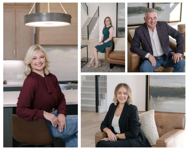 Professional portraits of four individuals in modern indoor settings.