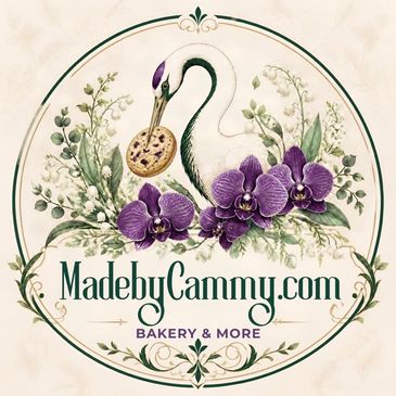 Elegant bakery logo with swan, flowers, and a cookie.