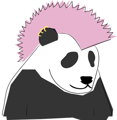 Panda con mohawk rosa y pendientes.
