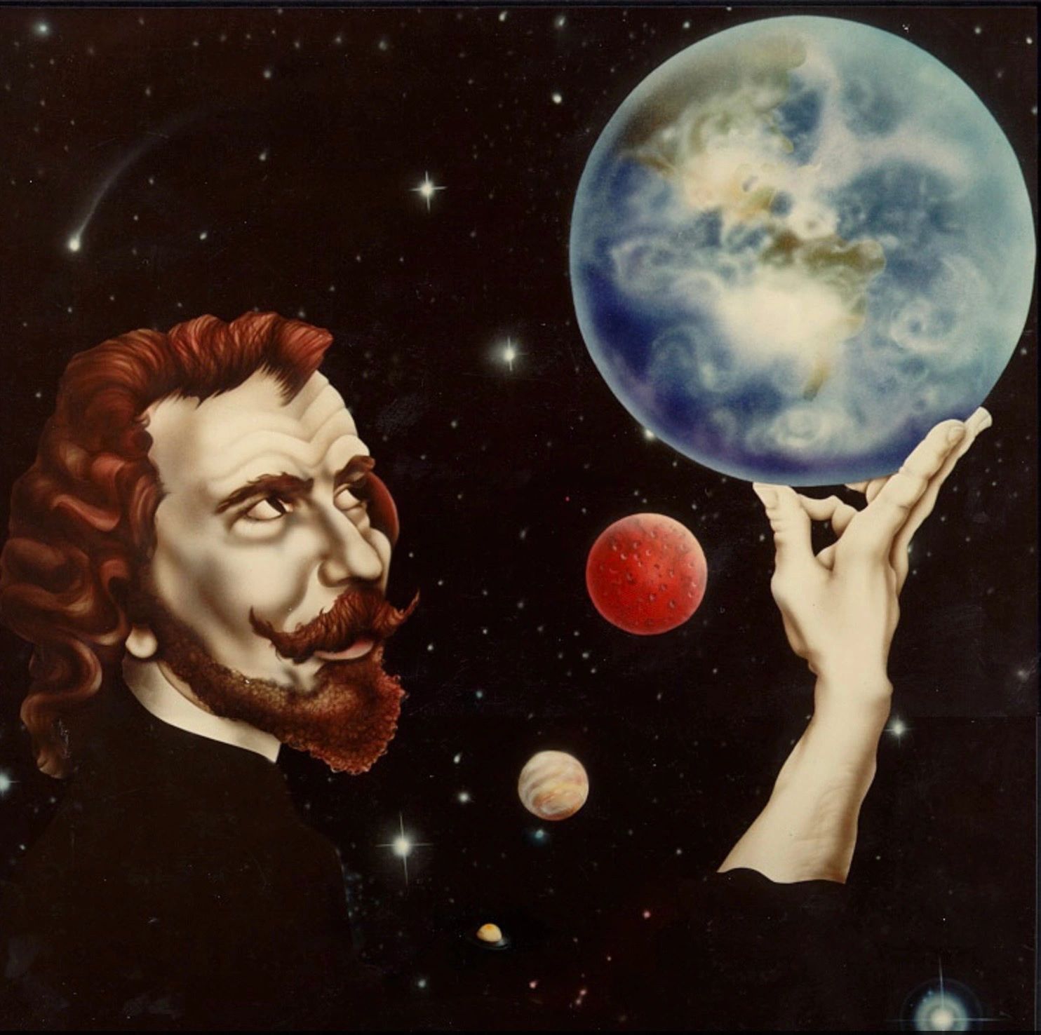 Man with red hair and beard balancing Earth on his fingers in space.