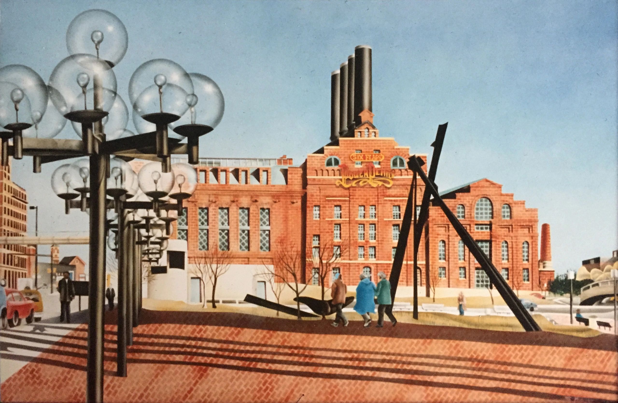 Historic Six Flags Power Plant with modern street lamps and pedestrians.