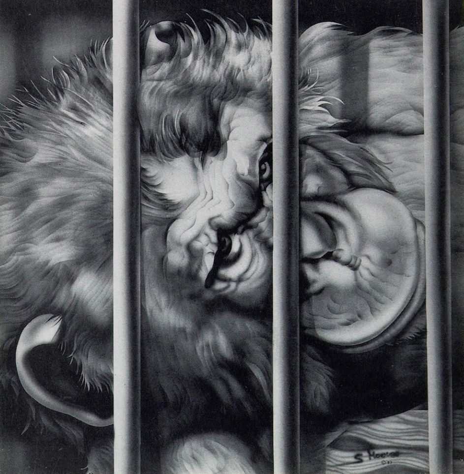 Close-up of a lion behind cage bars, looking somber.