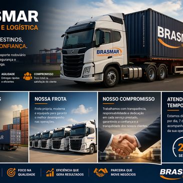 Truck and logistics company BrasMar showcasing fleet and commitment to quality service.