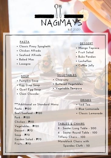 Menu board for Nagimays with pasta, soup, vegetables, dessert, and drinks.