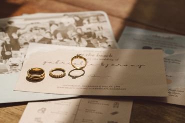 Wedding rings displayed on invitation cards.