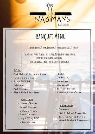 Nagimays banquet menu with pork, chicken, beef, and seafood options.