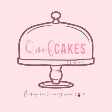 Logo for Quof Cakes with a cake stand illustration.