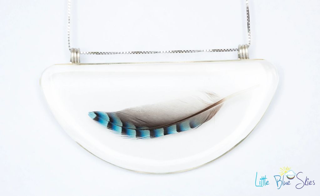 pendant feathers blue jay jewelry necklace natural epoxy resin silver handmade handwork unique gifts