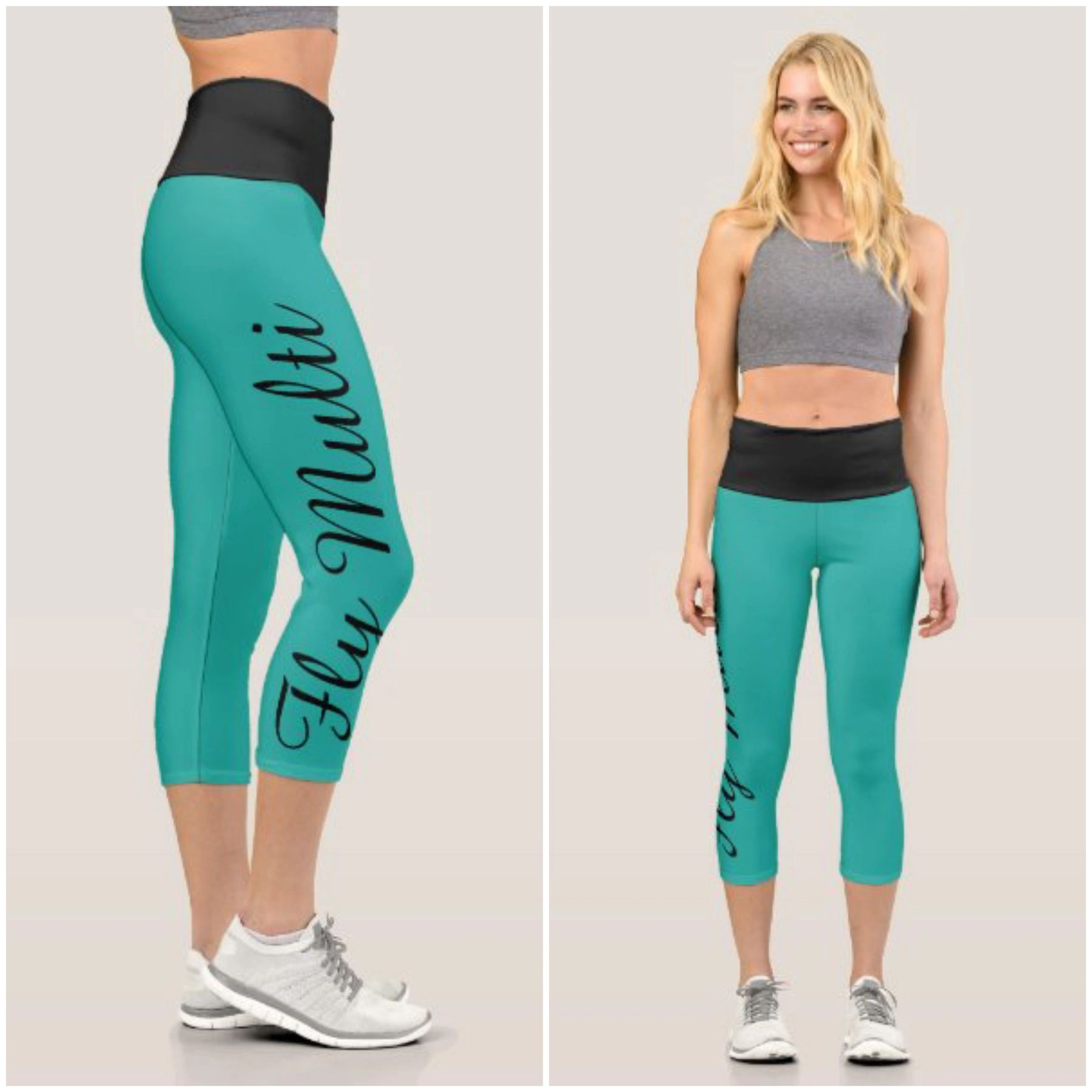 High Waisted Capri-Length Leggings For Women with Brand Name Printed on  Right Leg. (Color: Red with Green Letters, Sizes: Small (4-6))