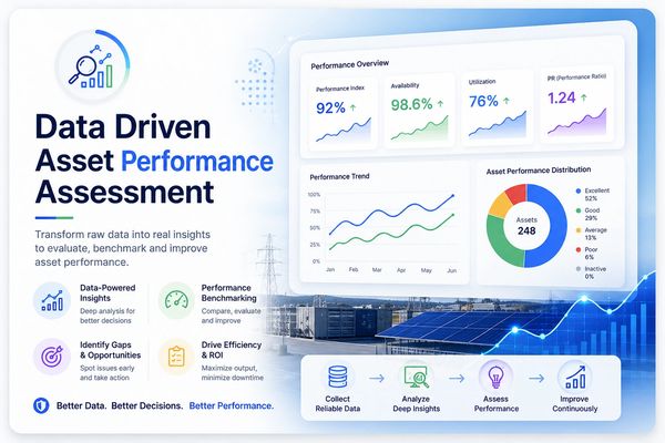 Data-driven asset performance assessment with charts and solar panels visualizing insights.