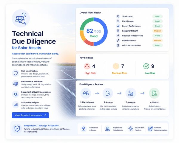 Infographic detailing technical due diligence for solar assets with health scores and risk findings.