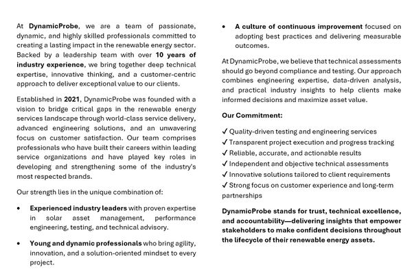 Text describing DynamicProbe's mission, expertise, and commitment in renewable energy.