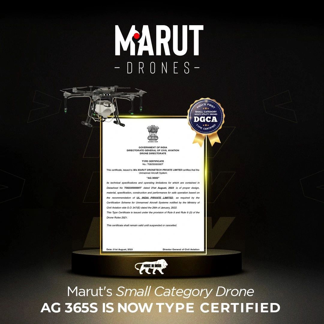 Marut Drones Secures DGCA Type Certification for AG 365S Drone
