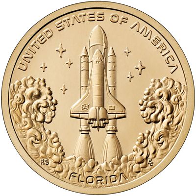 Florida state quarter featuring a space shuttle launch design.