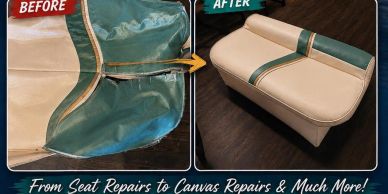 Before and after images of a restored boat seat with repaired canvas and vinyl.