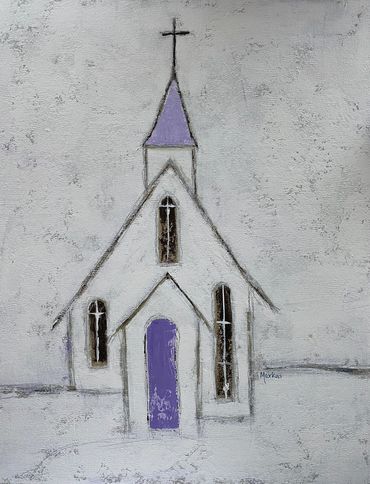 Sunday Morning, acrylic, abstract, simplistic painting of country church, white and purple 