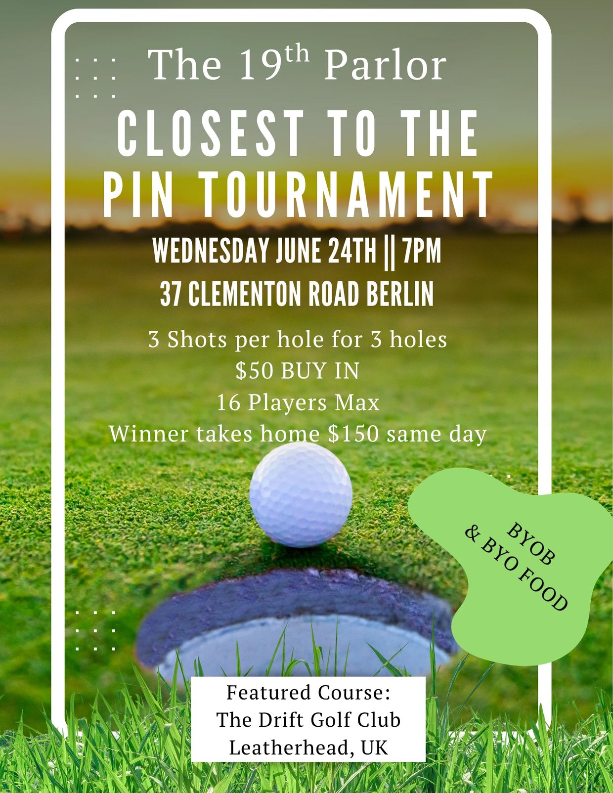 Golf tournament event flyer with details and a golf ball near a hole.