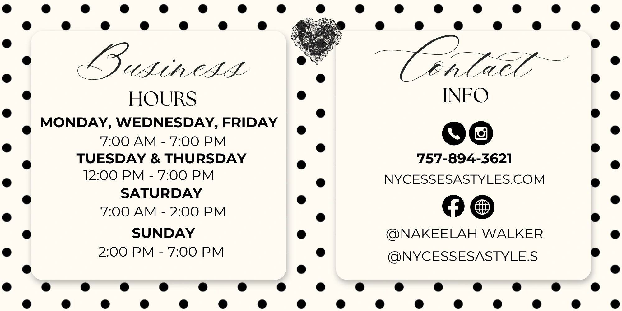 Business hours and contact info with phone number and social media handles.