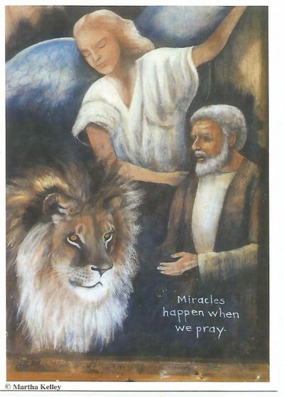 Angel, man, and lion with the quote about miracles and prayer.