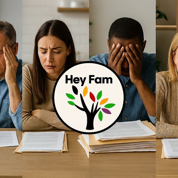 Four people stressed while reading documents, with a "Hey Fam" logo in the center.