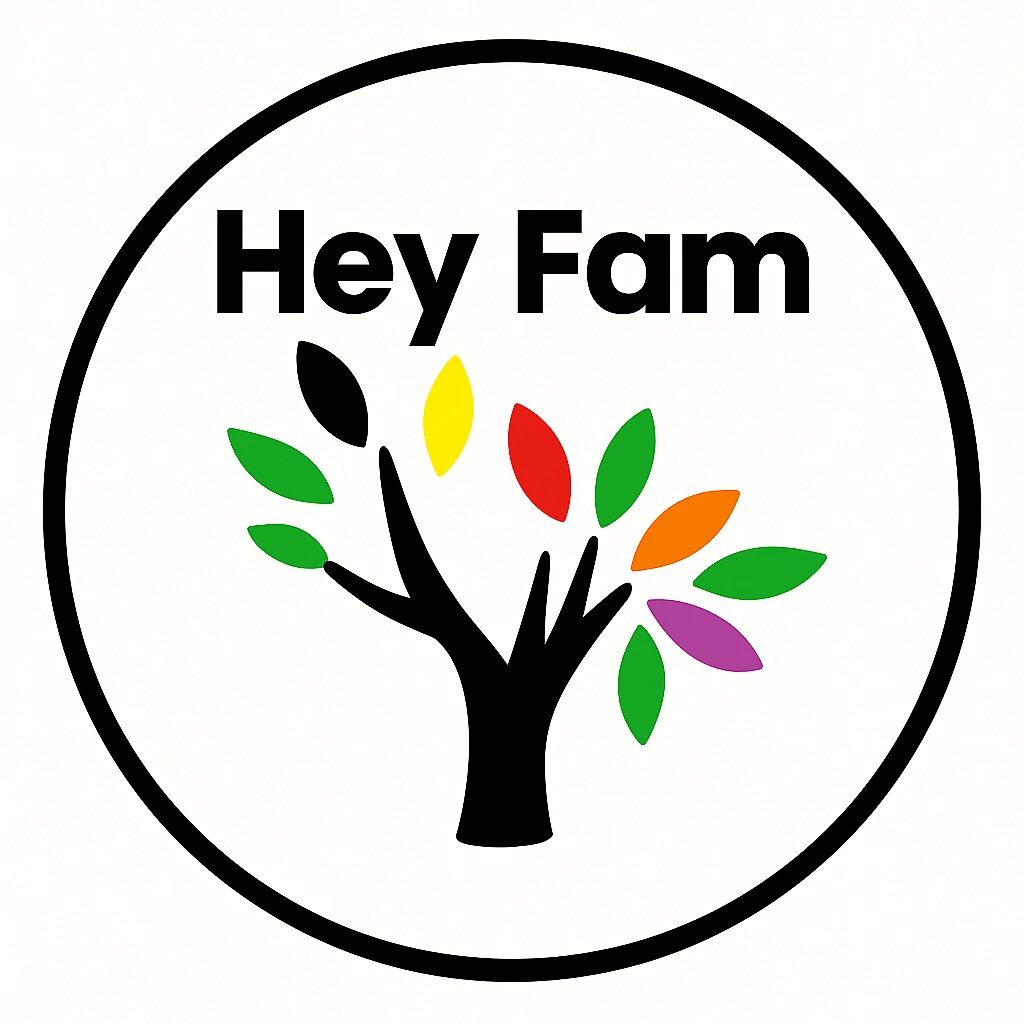 Logo with colorful leaves and text 'Hey Fam' inside a circle.