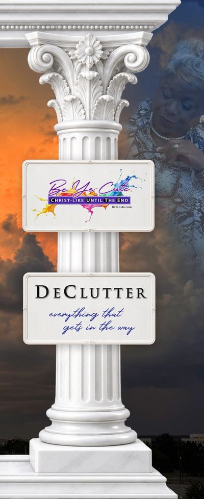 Decorative column with inspirational signs and a thoughtful woman in the background.