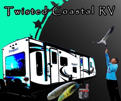 A stylized RV advertisement with a child releasing a bird and fishing gear.