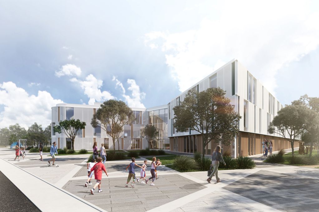 Modern school building with children playing and adults walking outside on a sunny day.