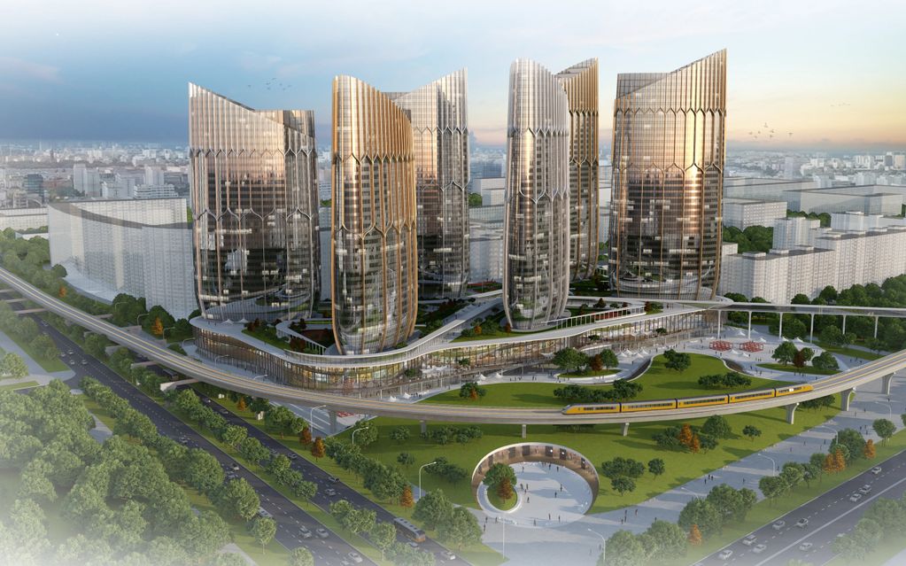 Futuristic high-rise buildings with golden glass facades and elevated metro in a green urban park.