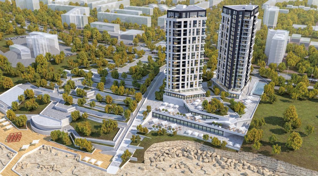 Modern twin high-rise buildings surrounded by greenery and designed terraces.