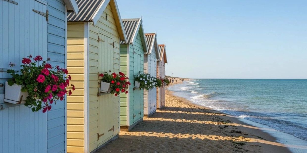 Colorful beach huts with flower pots line a sandy shore under a clear blue sky.