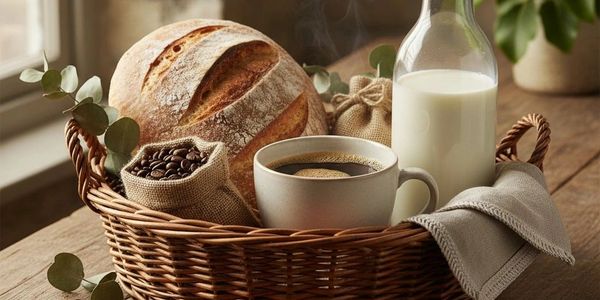 Basket with bread, coffee, milk, and coffee beans on a wooden table.