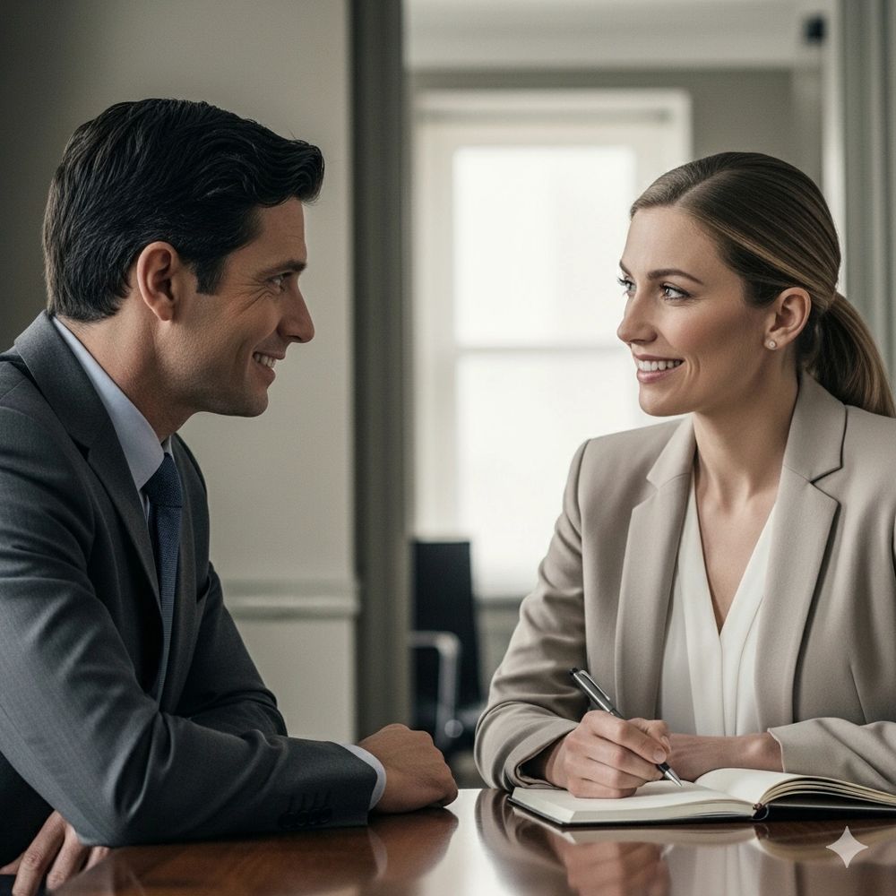 Two professionals smiling and conversing across a table in an office setting.
