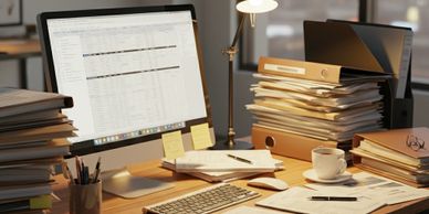 An organized office desk with computer, paperwork, and a cup of coffee near a window.