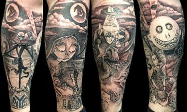 Detailed black and grey tattoo sleeve with gothic and fantasy elements.