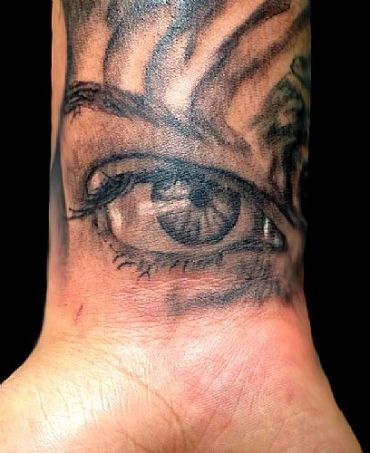 Realistic eye tattoo on wrist.
